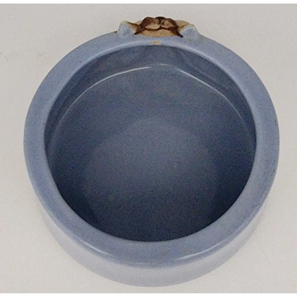Ceramic Cat Face Pet Bowl Small Blue Tan Whimsical 3D Relief Studio Pottery